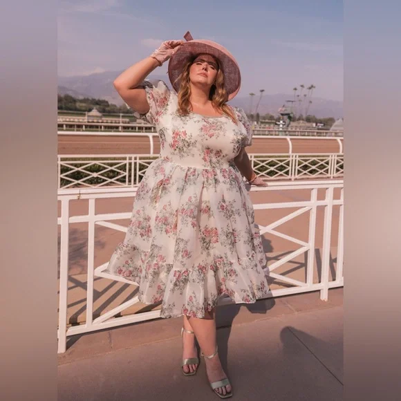 JessaKae Floral Puff Sleeve Dress - White and Pink - Picture 2 of 4